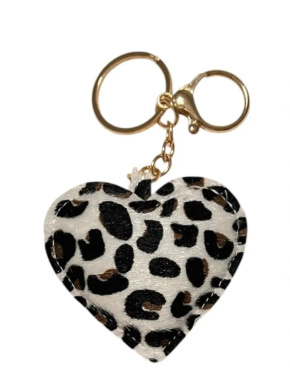 White Leopard Print Faux Fur Heart Keychain Bag Charm